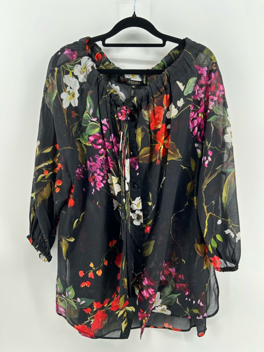 Escada Black Floral Tie-Neck sheer Blouse